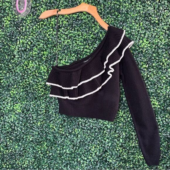 NWT F21 One Shoulder Ruffle Black Knit Sweater Crop Top Sz M - Picture 1 of 6